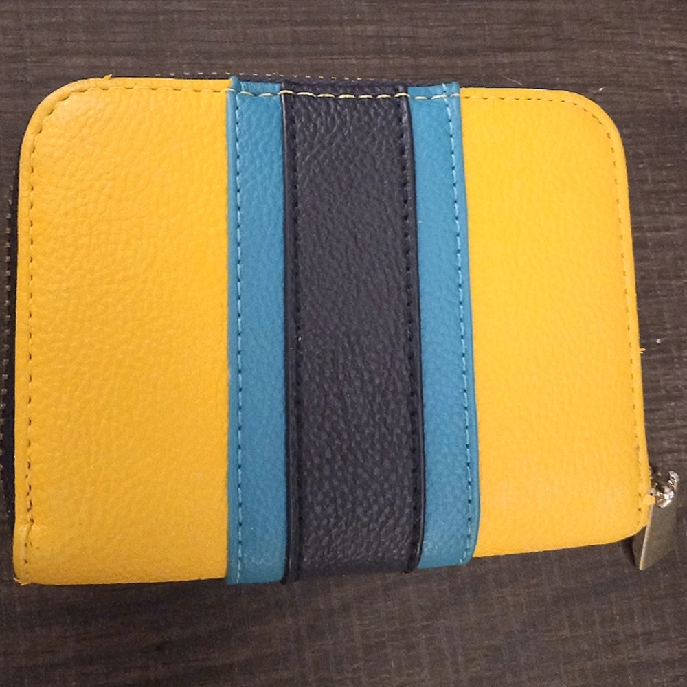 Yellow and blue top zip wallet with inside zip pocket